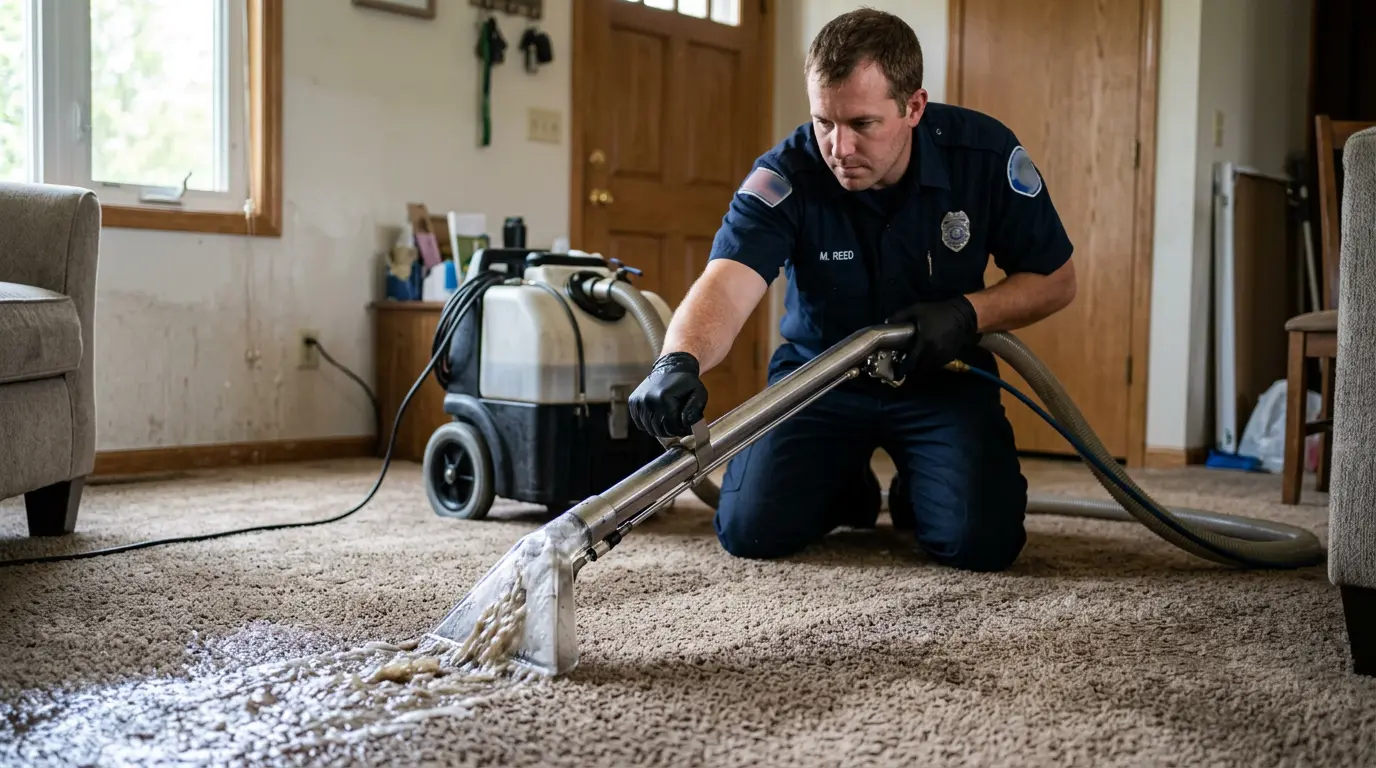 Gold Tech Restoration technician extracting water from a flooded home in Yaphank
